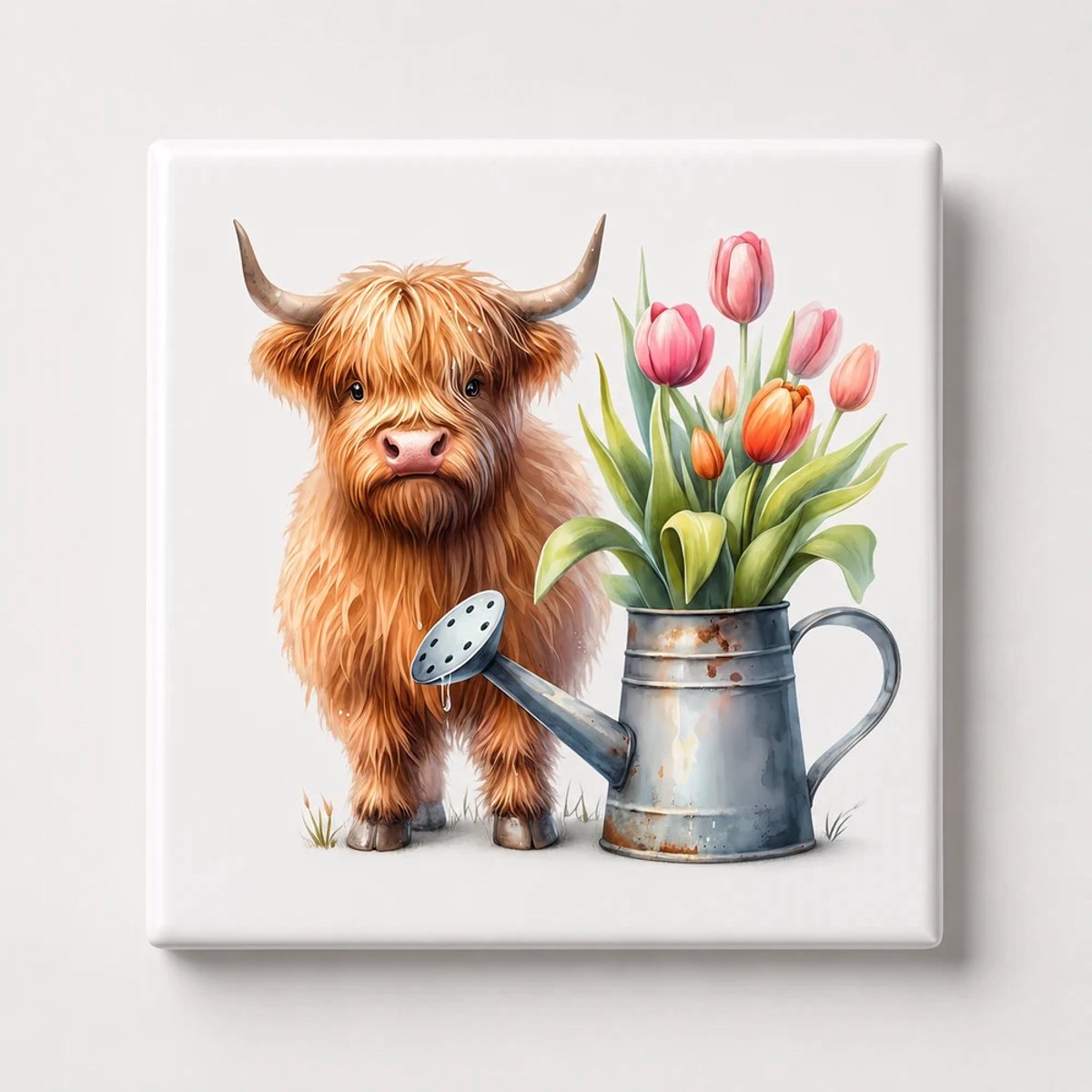 Tegeltje met Schotse hooglander - Tulpen en gieter