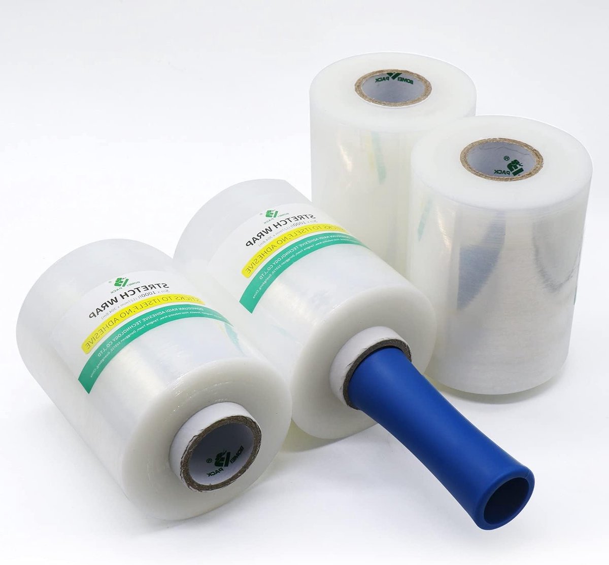 Mini Stretch Film Hand Film Verpakkingsfilm 20my x 127mm x 300m, Transparante Verpakking, 4 Rollen met 1 Handvat voor Efficiënte Verpakking