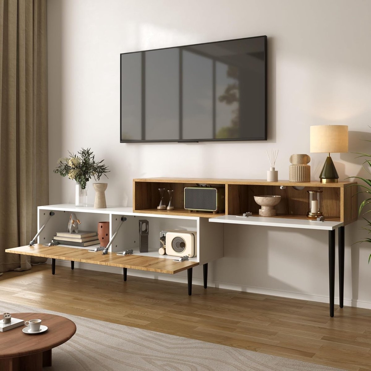 TV-Meubel 180 cm voor 80 Inch TV - Lowboard TV Kast met 3 Deuren en 1 Lade - Houten TV Dressoir met 5 Steunpoten - Opbergkast voor Woonkamer - Natuurlijke Houtlook - Mobili Bella