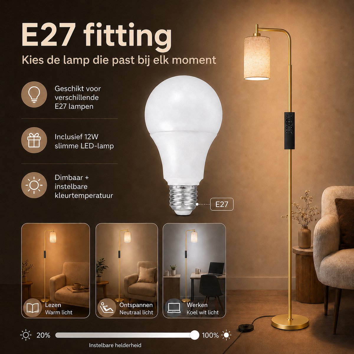 Rosnek Staande Lamp met Linnen Lampenkap - Dimbare LED Vloerlamp - met Afstandsbediening - Timer - Voetschakelaar - Slimme E27 Leeslamp voor Woonkamer Slaapkamer en Kantoor - H 165 cm - Goud thumbnail 5