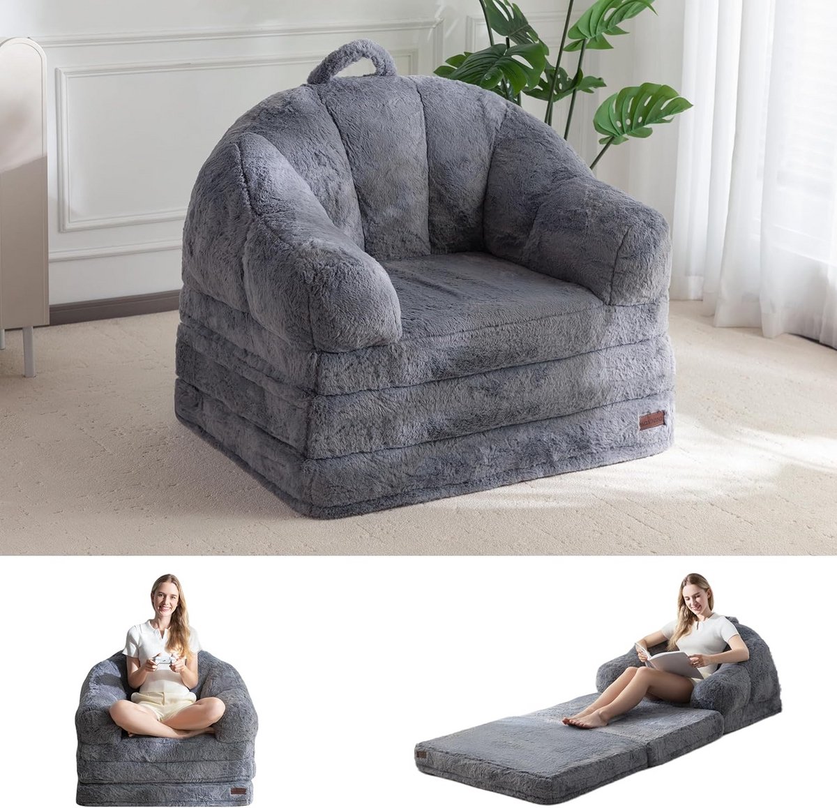 Opklapbare Slaapbank - Zitzak Stoel - Ontspannen Zitten - Schelpvormige Rugleuning - 70 x 90 x 80 cm - Grijs