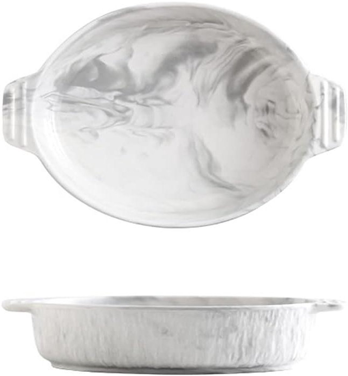 Keramische Ovenschaal - Taartvorm Braadpan - Lekker Koken - Marmer Textuur - 2 Delig - Wit