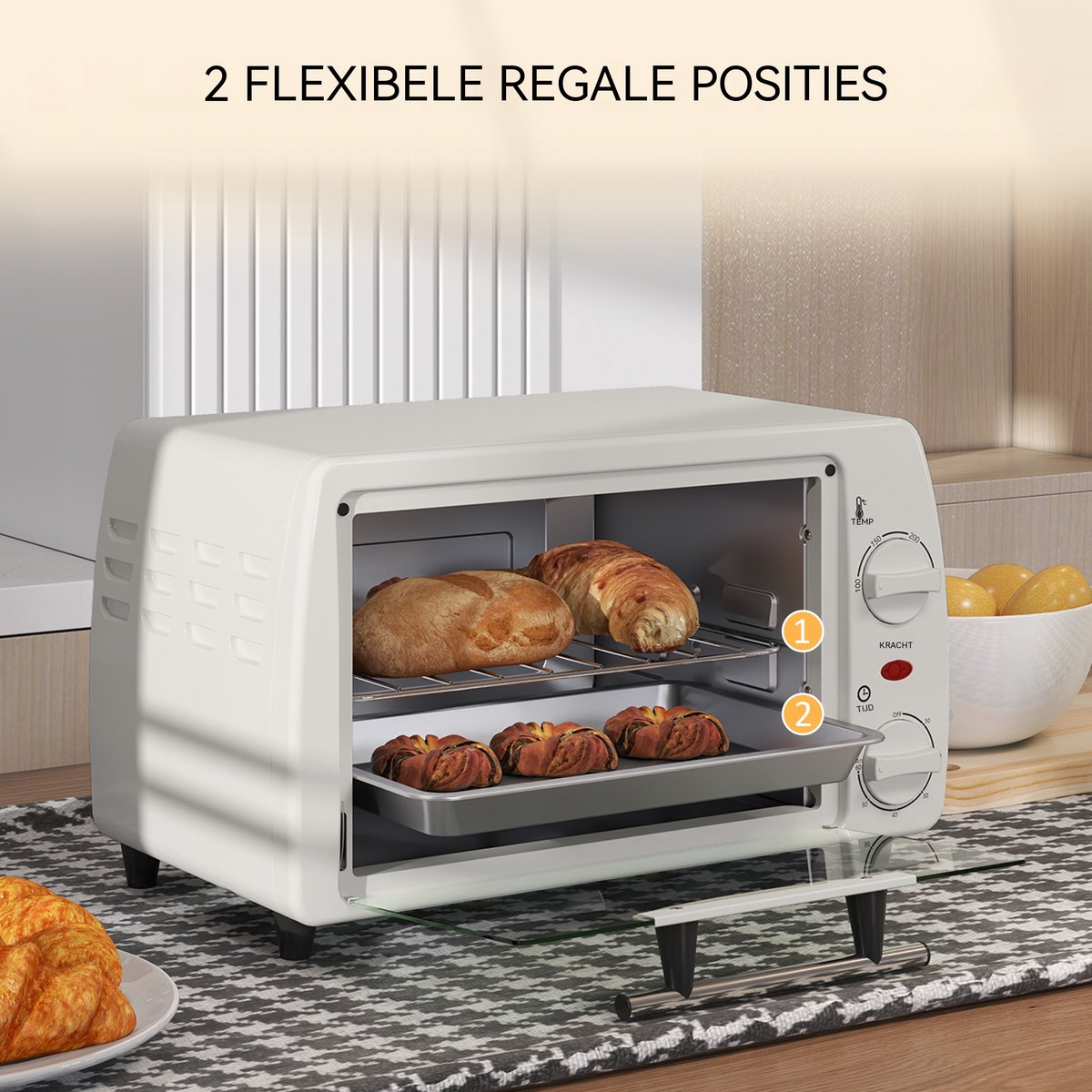 Mini Oven - Kleine Elektrische Oven - Temperatuur tot 230 ℃ - 60 Minuten Timer - 10 Liter 750W - Voor Camping en Keuken - 36,5x26x22 cm - Crèmewit – foto 2