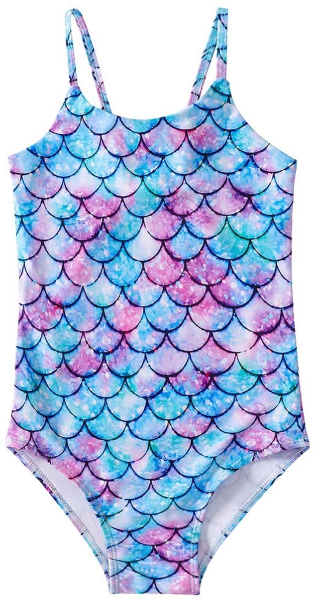 JHUBERS- Meisjesbadpak - Zeemeerminnenschubbenpatroon - Blauw-roze design - Comfortabele bandjes - Zacht materiaal - Nauwsluitende pasvorm - Zwemkleding