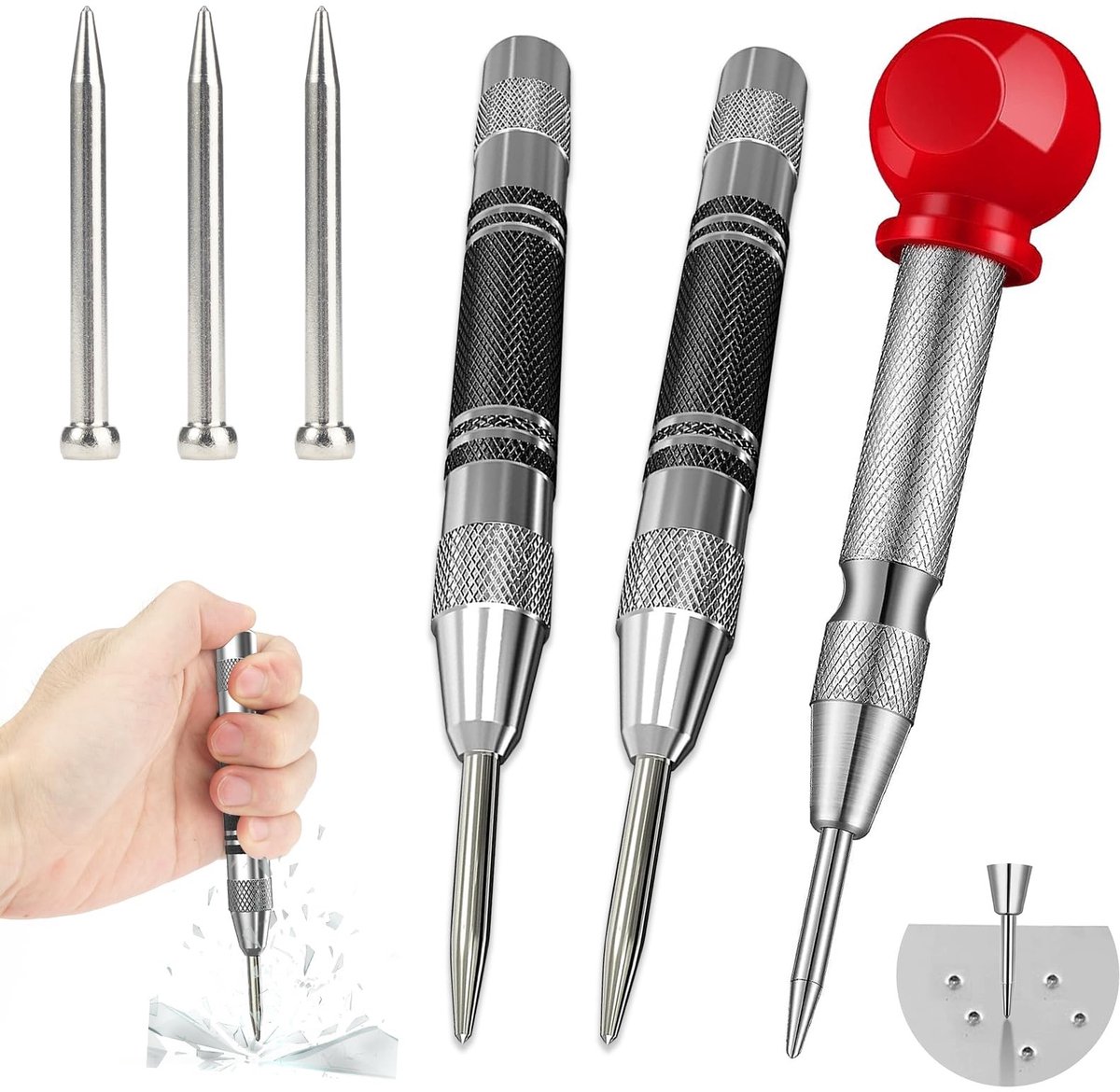 JHUBERS- Automatische Korrels 3 Stuks - Veerkorrels - Handmatig Boorgereedschap - Roestvrij Staal - Waterdicht - Instelbare Spanning - Centerpons