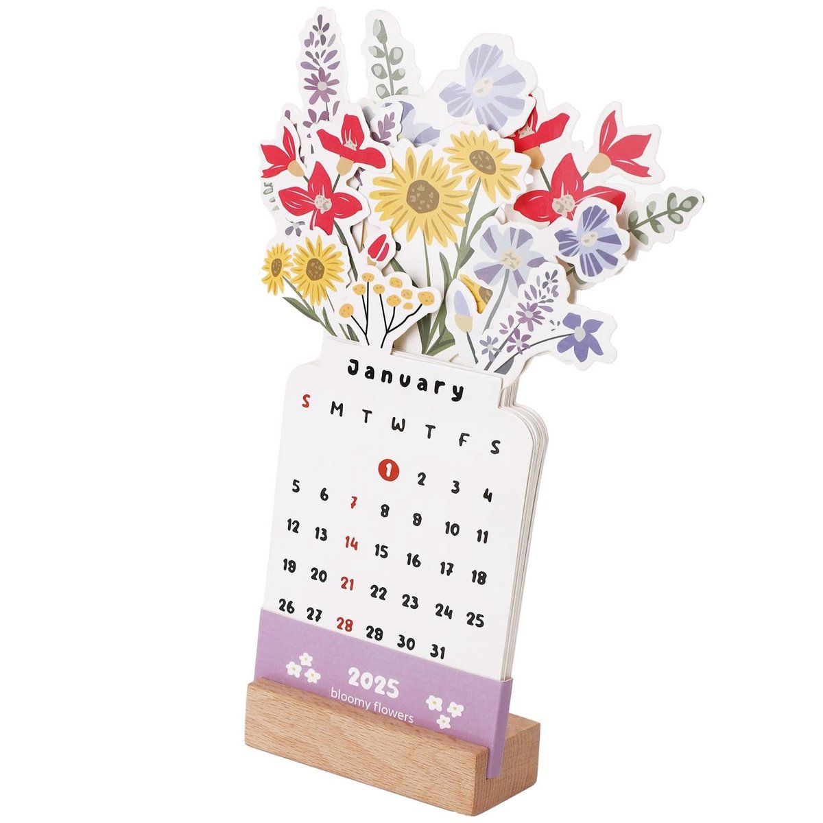 JHUBERS- Bloemenvase Kalender 2026 - Creatieve Maandkalender - Houten Voet - 12 Maanden - Desk Kalender - Multicolor Papier