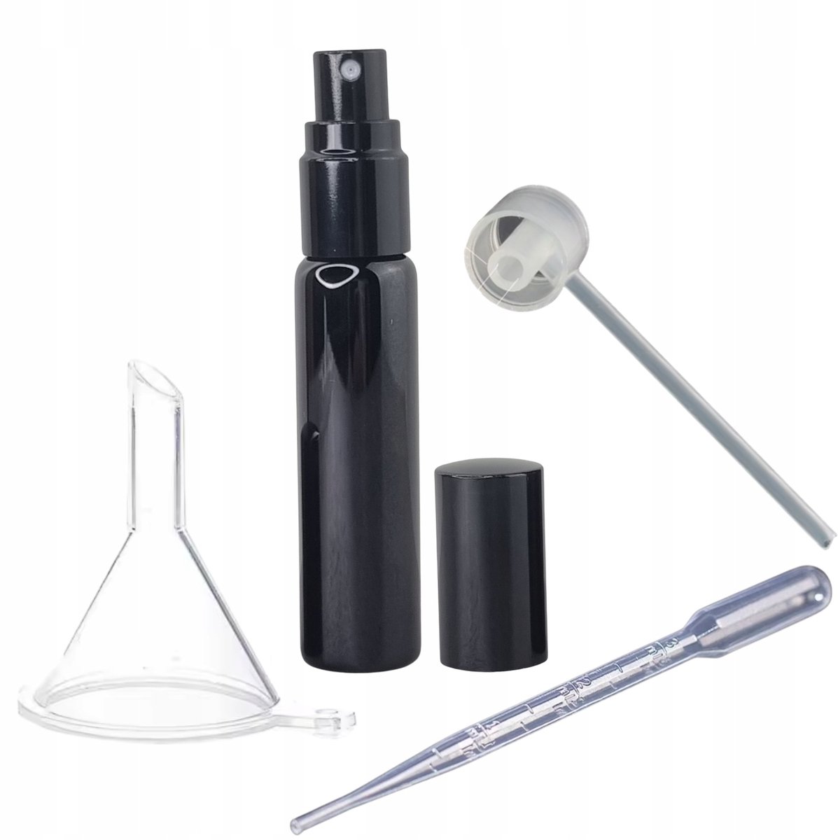 Zwart Glanzend Parfumverstuiver Set 10ml met Pipet, Trechter & Pompje