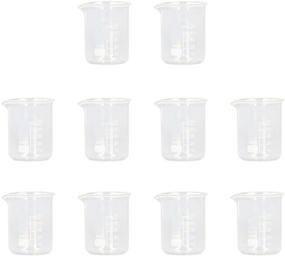 BRENZOOS- Glazen Beker Set van 10 - Maatbeker 50 ml - Laboratoriumglas - Borosilicaatglas - Nauwkeurige Schaallijn - Geschikt voor Experimenten