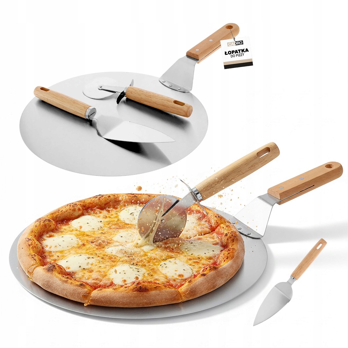 Pizzaschep 30 cm met toebehoren: 3-delige RVS set