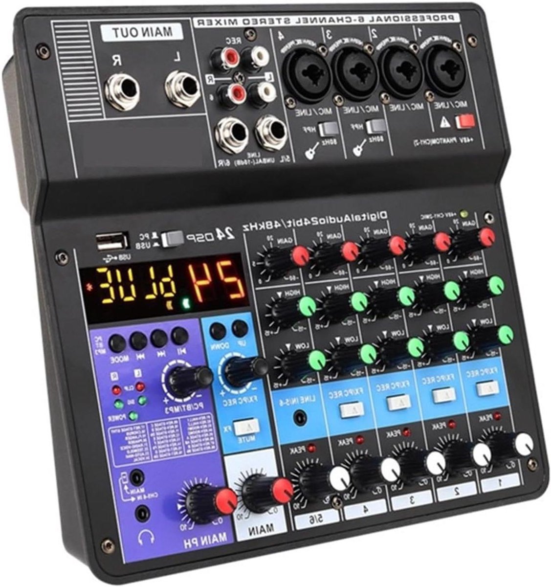 DJ Mixer - Mengpaneel Geluid - Muziek Produceren - 6-Weg Pro Apparatuur - Compact Draagbaar - Zwart