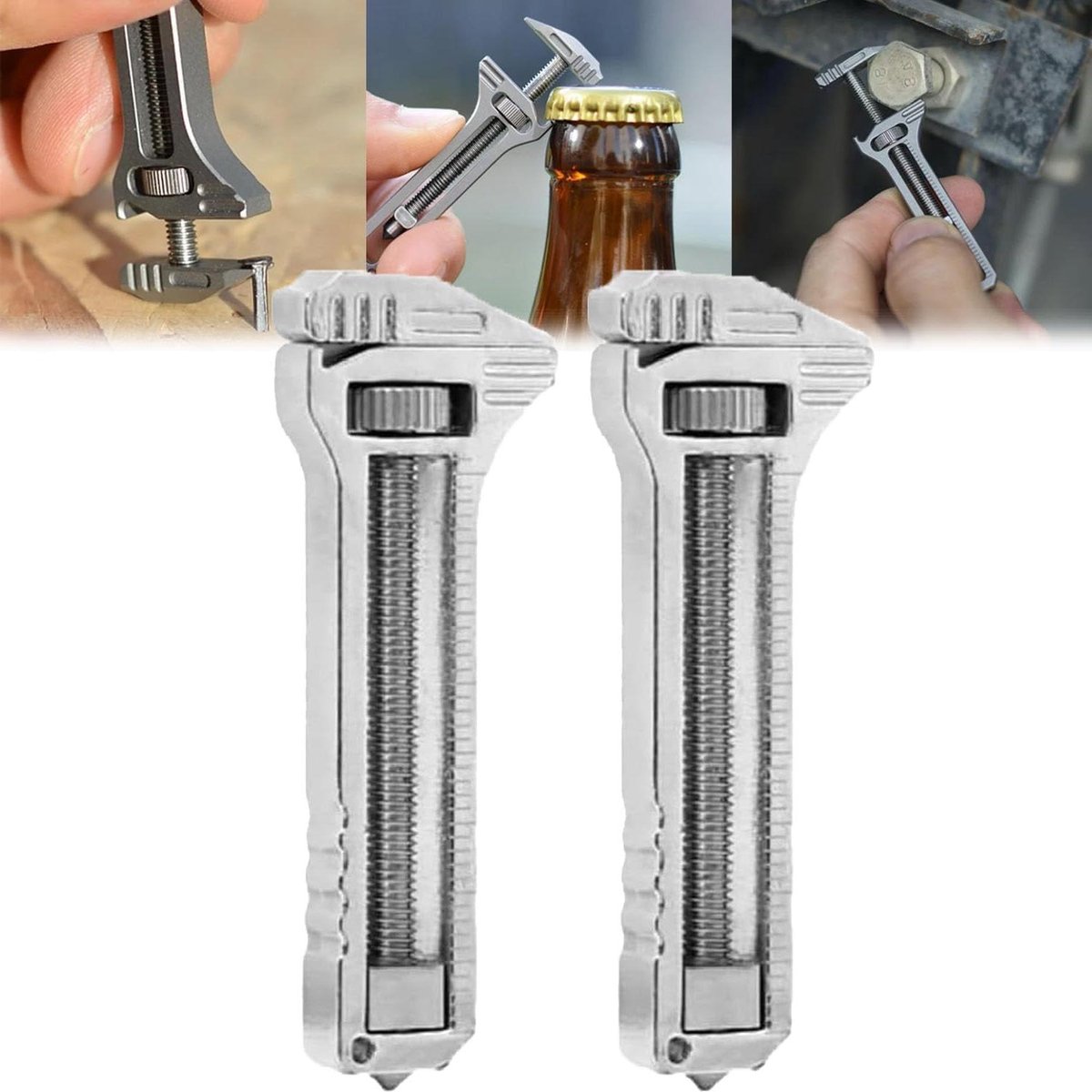 Compact Multitool - Mini Spanner - Outdoor Avontuur - Ingebouwde Flesopener - 2 Stuks - Titanium