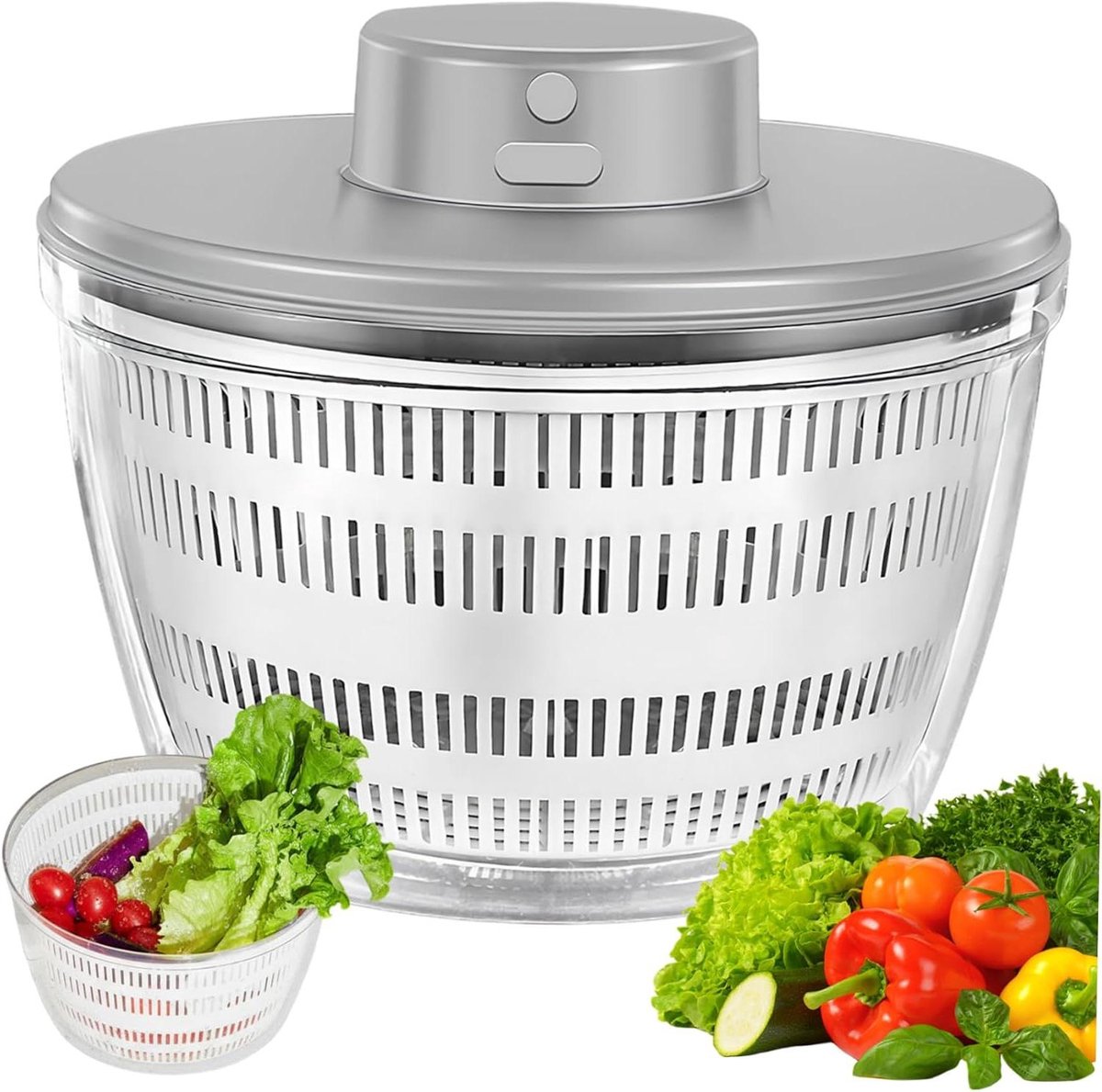 Elektrische Salade Spinner - Groente Droger - Snel Groenten Drogen - Grote 4L Kom - 22 cm - Grijs