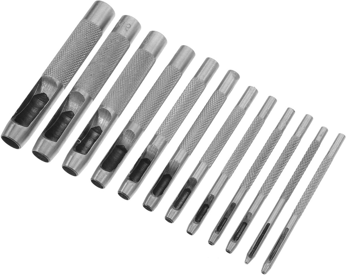 Leren Ponsset - Holle Gatenmakers - Riemen Maken - Snel Wisselbare Koppen - 12 Stuks - Zilver