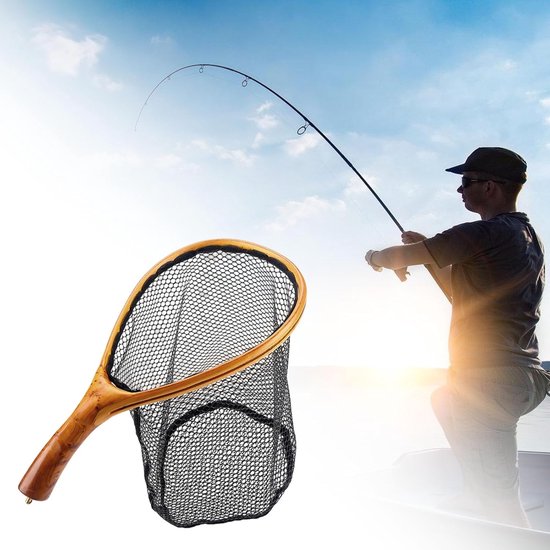 Visnet Lichtgewicht - Schepnet Hout - Vissen Kleine Wateren - Sneldrogend Rubberen Gaas - 23x17x26cm - Meerkleurig — afbeelding 2