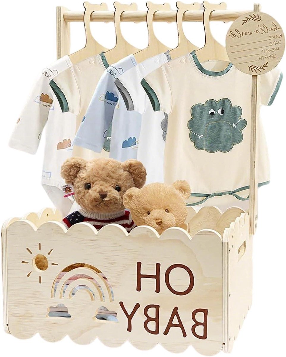 Babymand Houten Kist - Opbergmand Speelgoedkist - Babykamer Decoratie - Met Kledingstang - 37x26x6.5 cm - Houtkleur