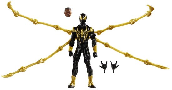 Iron Spider (Aaron Davis) met vier mech-armen, vervangbare hoofd en handen, in zwart met gouden details.