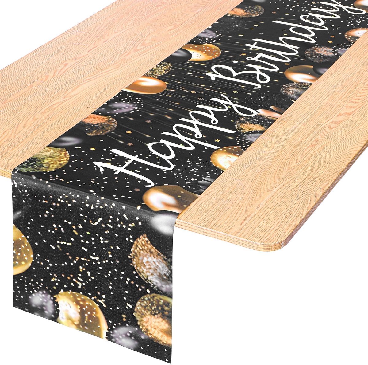 Dailygoods- Tafelloper Happy Birthday - 183 x 33 cm - Zwart/Goud - Polyester - Robuust - Duurzaam - Tafelkleed