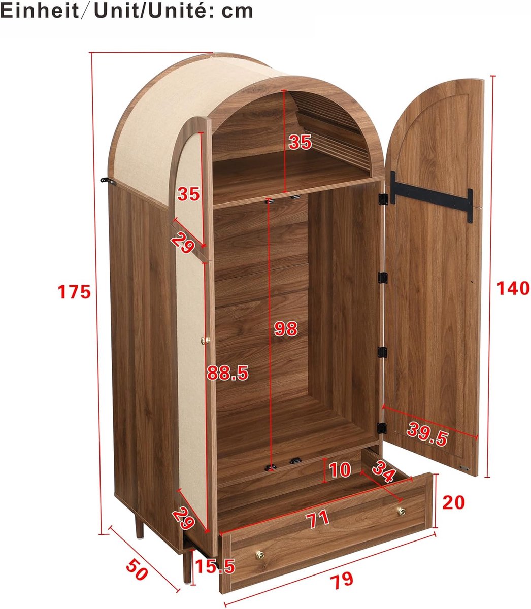 Kledingkast met stoffen deuren en lade – Garderobekast walnootlook 79x50x175 cm – Vrijstaande kledingopberger met hangroede & opberglade – Slaapkamer kast modern design – House&Garden