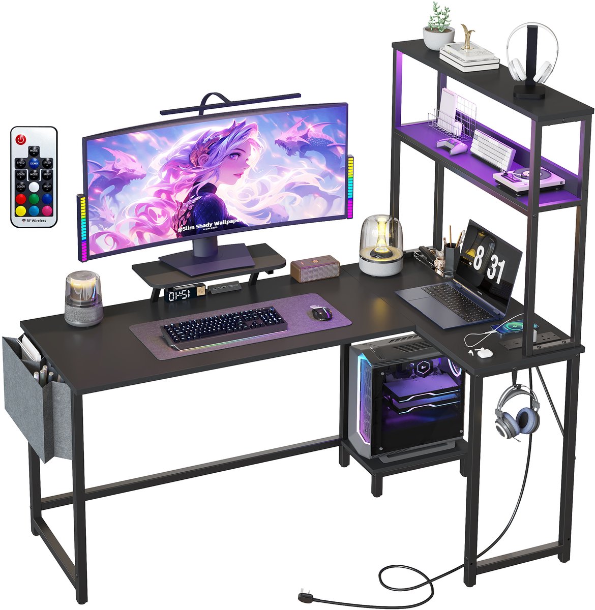 L-Vormig Game Bureau met LED Verlichting - Hoekbureau met Ingebouwd Stopcontact & USB - Computerbureau met Monitorverhoger, Lade en Opbergtas - 124x100x148 cm - Zwart