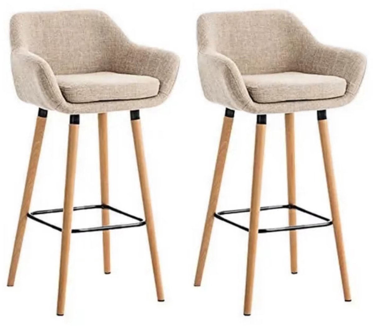 CreateEcom barkrukken - barstoel - set van 2 - kruk met rugleuning en voetsteun - linnen materiaal - massief houten poten - beige
