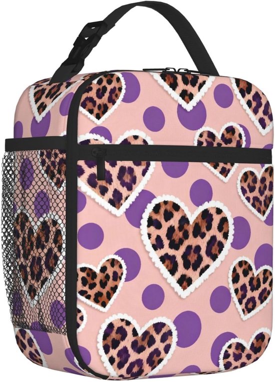 Lunch Tas - Koeltas Picknick - Maaltijden Warm Houden - Verdikte Isolatie - 6 Liter - Luipaard Harten Paarse Stippen — afbeelding 5