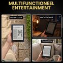 Drie afbeeldingen: lezen buiten, nachtmodus en lezen thuis op de e-reader.