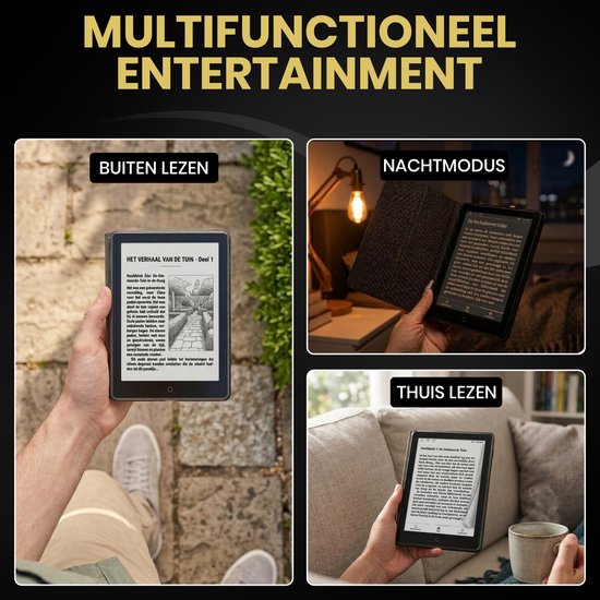 Drie afbeeldingen: lezen buiten, nachtmodus en lezen thuis op de e-reader.
