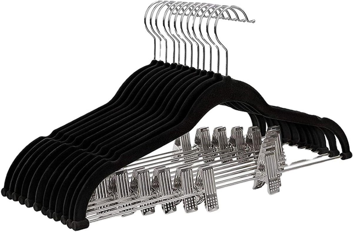 Kledinghangers Set - Fluwelen Hangers - Kleding Opbergen - Verstelbare Clips - 10 Stuks - Zwart