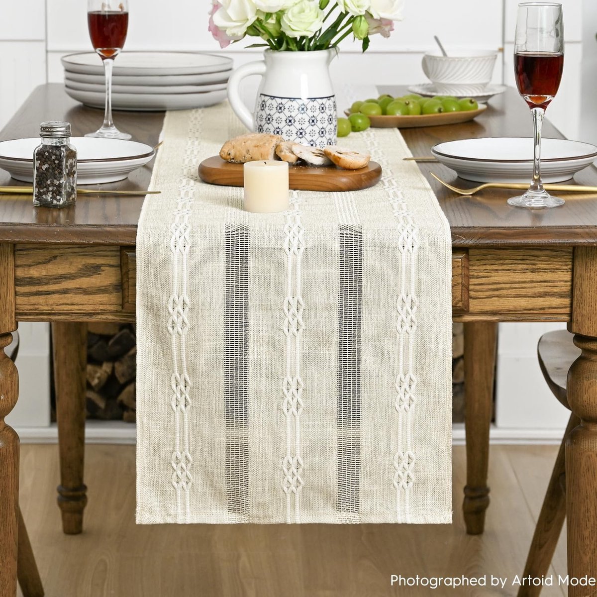 Dailygoods - Linnen Tafelloper Rustiek Boho 33x243 cm voor Eettafel Decoratie