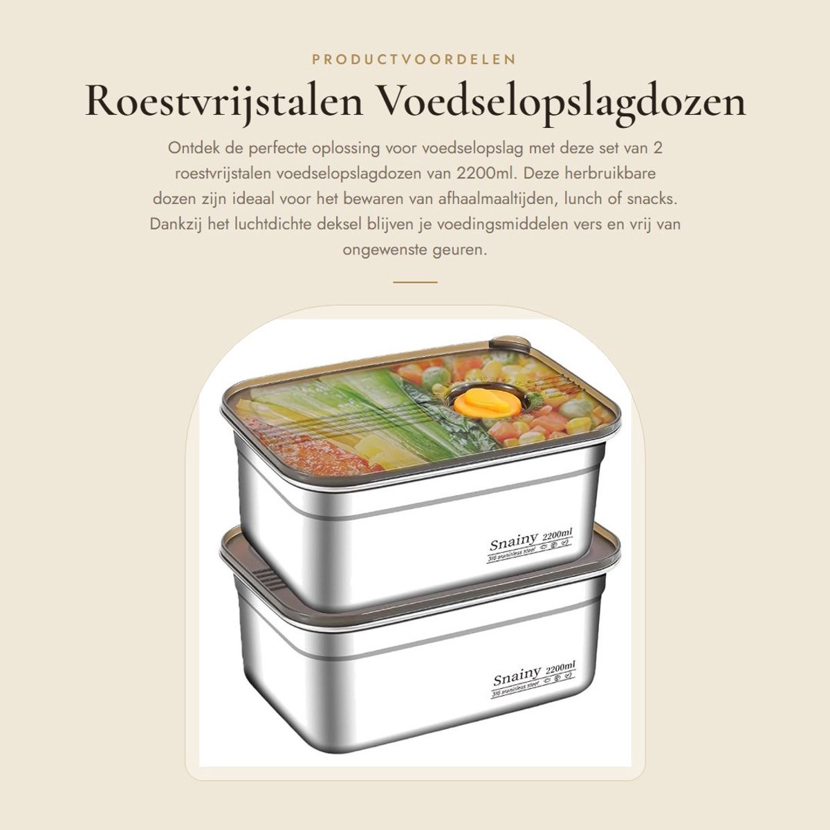 Dailygoods- Opbergdozen 2200ml - Roestvrij Staal - Luchtdicht - Herbruikbaar - Keuken/Diepvries - Stapelbaar - Antibacterieel - Voedselcontainer