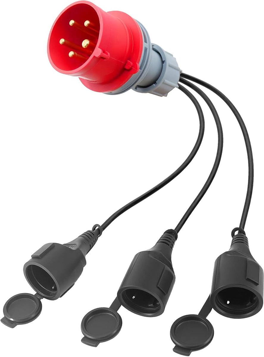 Krachtstroom Verdeeldoos - CEE Adapter - Stroom Verdelen - IP44 Spatwaterdicht - 3x Schuko - Zwart