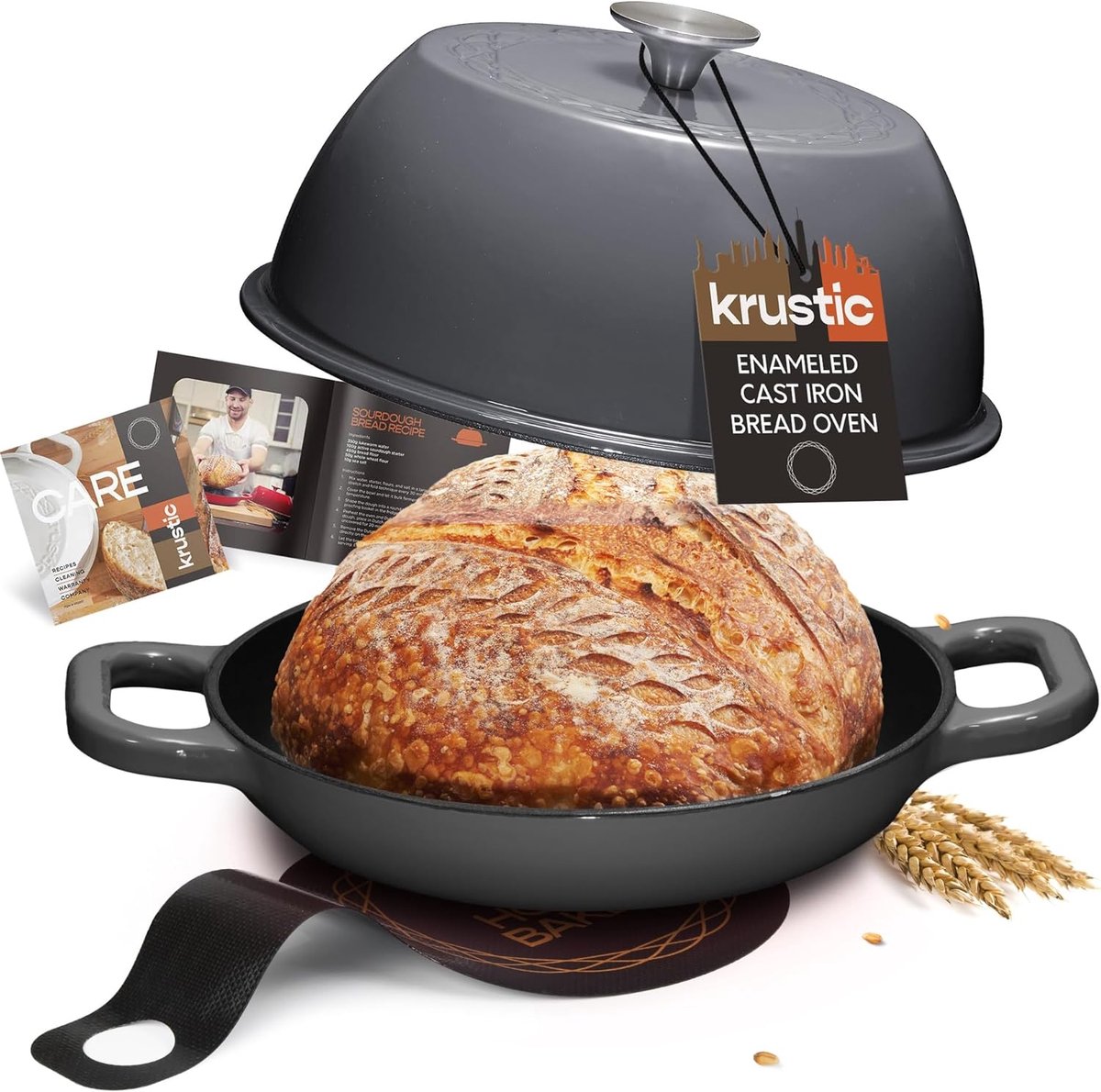 Geëmailleerde Dutch Oven - Gietijzeren pot - Zuurdesem brood bakken - Uniek koepelvormig deksel - 6 Liter capaciteit - Grijs