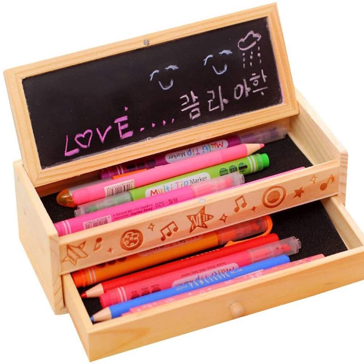Dailygoods- Bureauorganizer Hout - Bureauorganizer met Lades - Bureauorganizer Pennenbakje - Bureauorganizer Kind - Bureauorganizer Zwart - Grote Capaciteit 20.5x8x6cm - Pennendoos