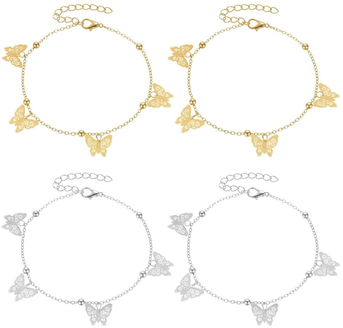 Dailygoods- Enkelbanden Verstelbaar - Holle Vlinder Hangers - Gouden/Zilveren Kralen - Strand Sieraden - Voet Ketting - Geschikt voor Vrouwen - Enkelkettingen