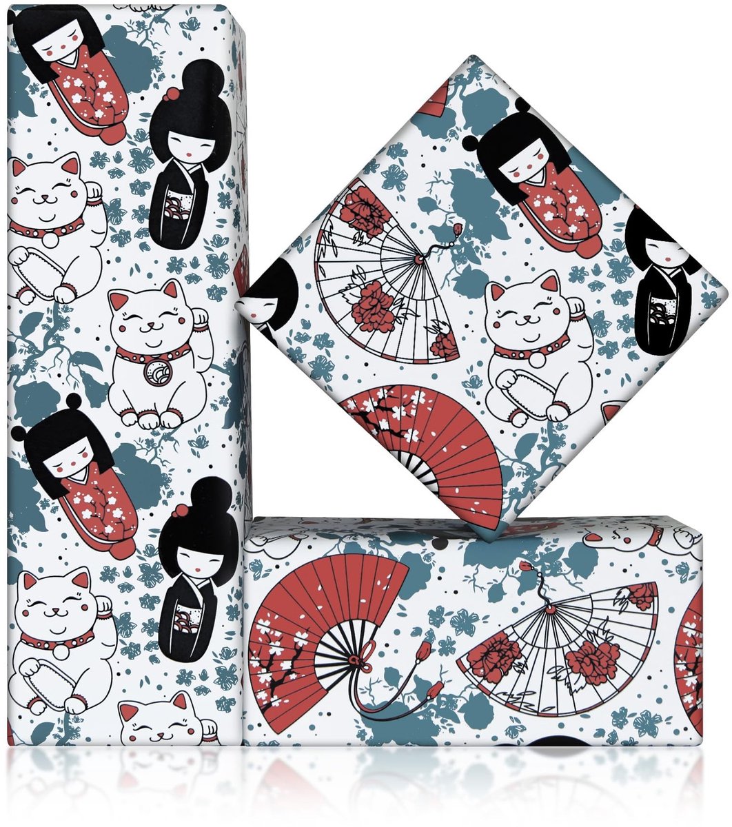 Dailygoods- Cadeaupapier Japanse stijl - Inpakpapier verjaardag - Inpakpapier baby - 4 vellen 50x70cm - Traditioneel ontwerp - Rood/wit met bloemen