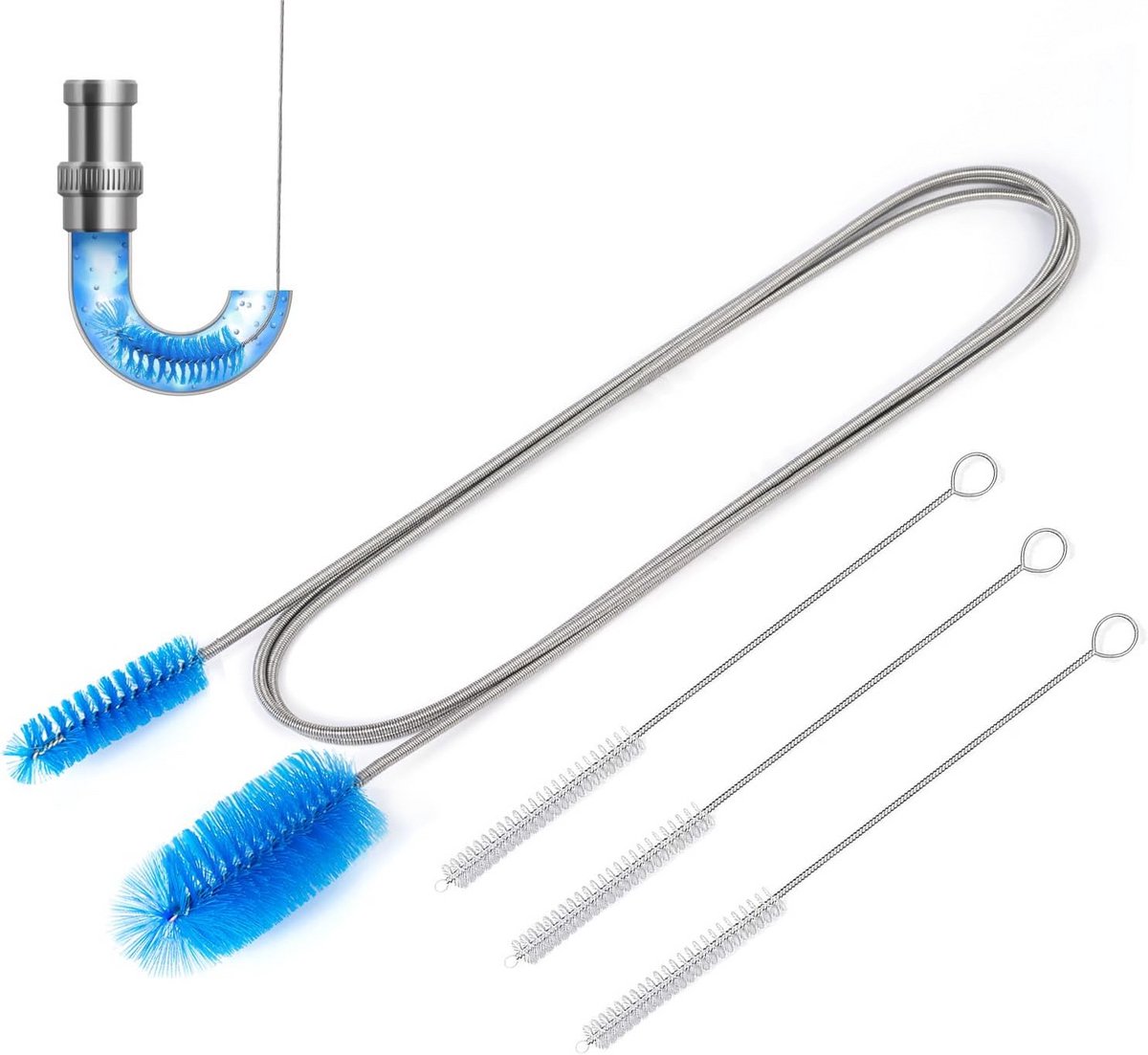 Flexibele Afvoerborstel - Slang Pijp Reiniger - Verstopte Afvoer Verhelpen - Dubbele Uiteinden - 170 cm - Blauw