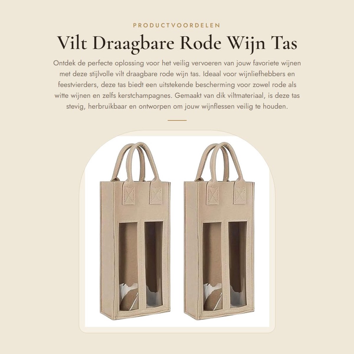 Dailygoods- Wijn Tas Dubbel - Vilt - Schokbestendig - Herbruikbaar - Draagbare Wijn Beschermhoes - 2 Stuks - Beige - Wijnfles Tas