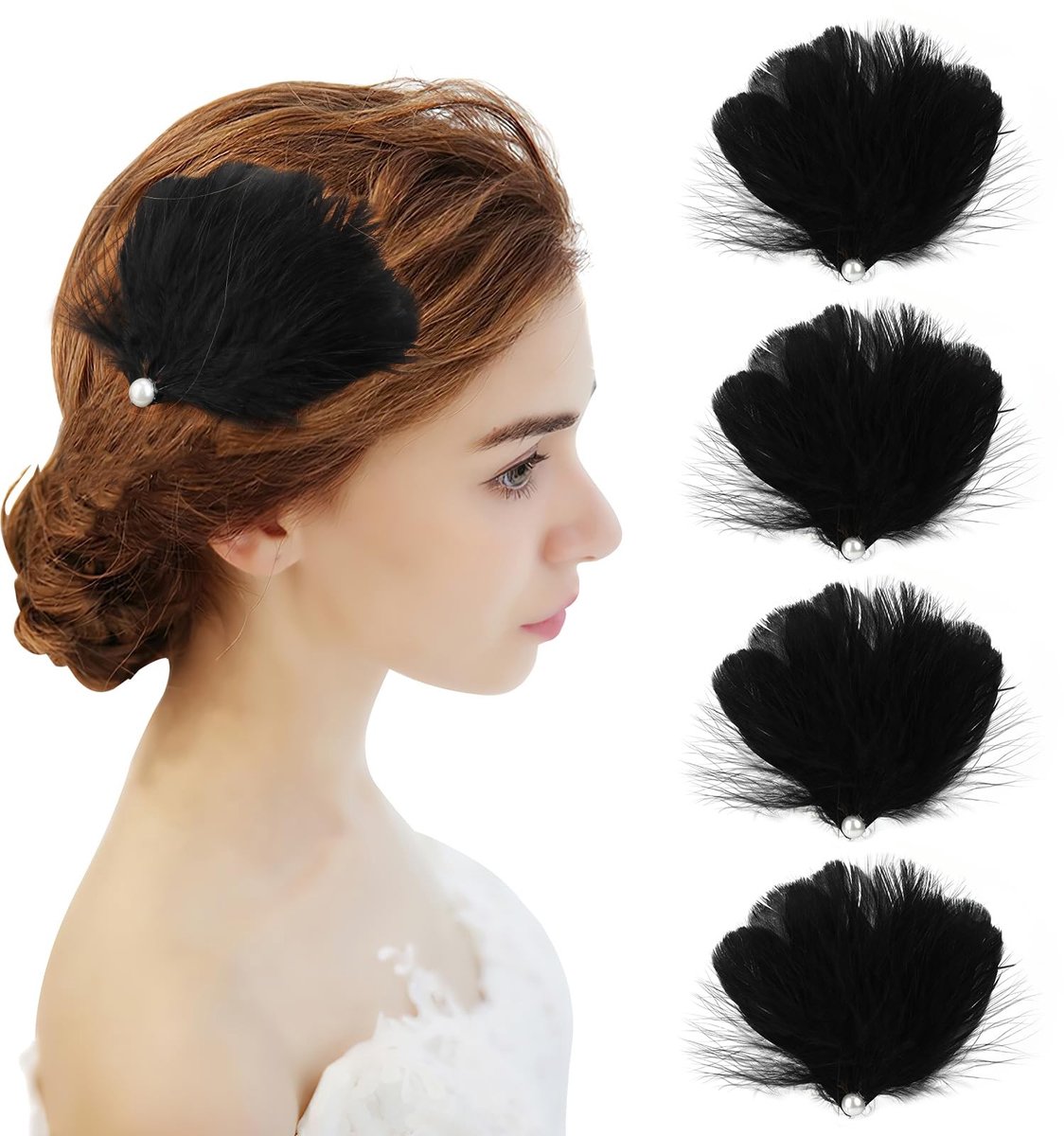 Dailygoods- Haarspelden 4 Stuks - Zwarte Veren - Haarsieraad - Kostuumaccessoires - Bruiloft - Carnaval - Elegant Design