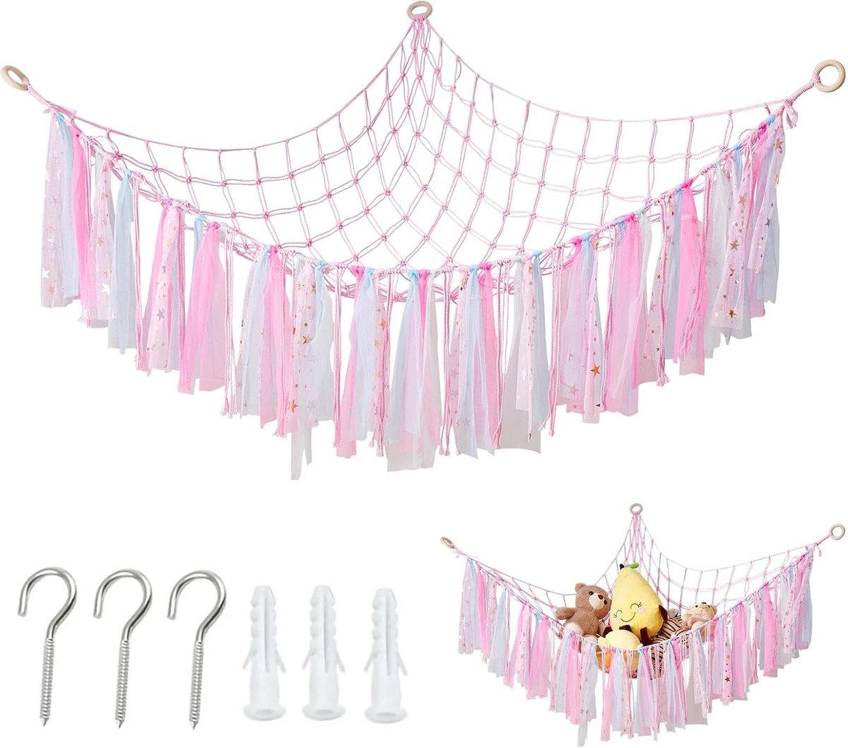 Opbergnet Knuffels - Speelgoed Organizer - Kamer Opruimen - Bohemien Ontwerp - Tot 50 Knuffels - Roze