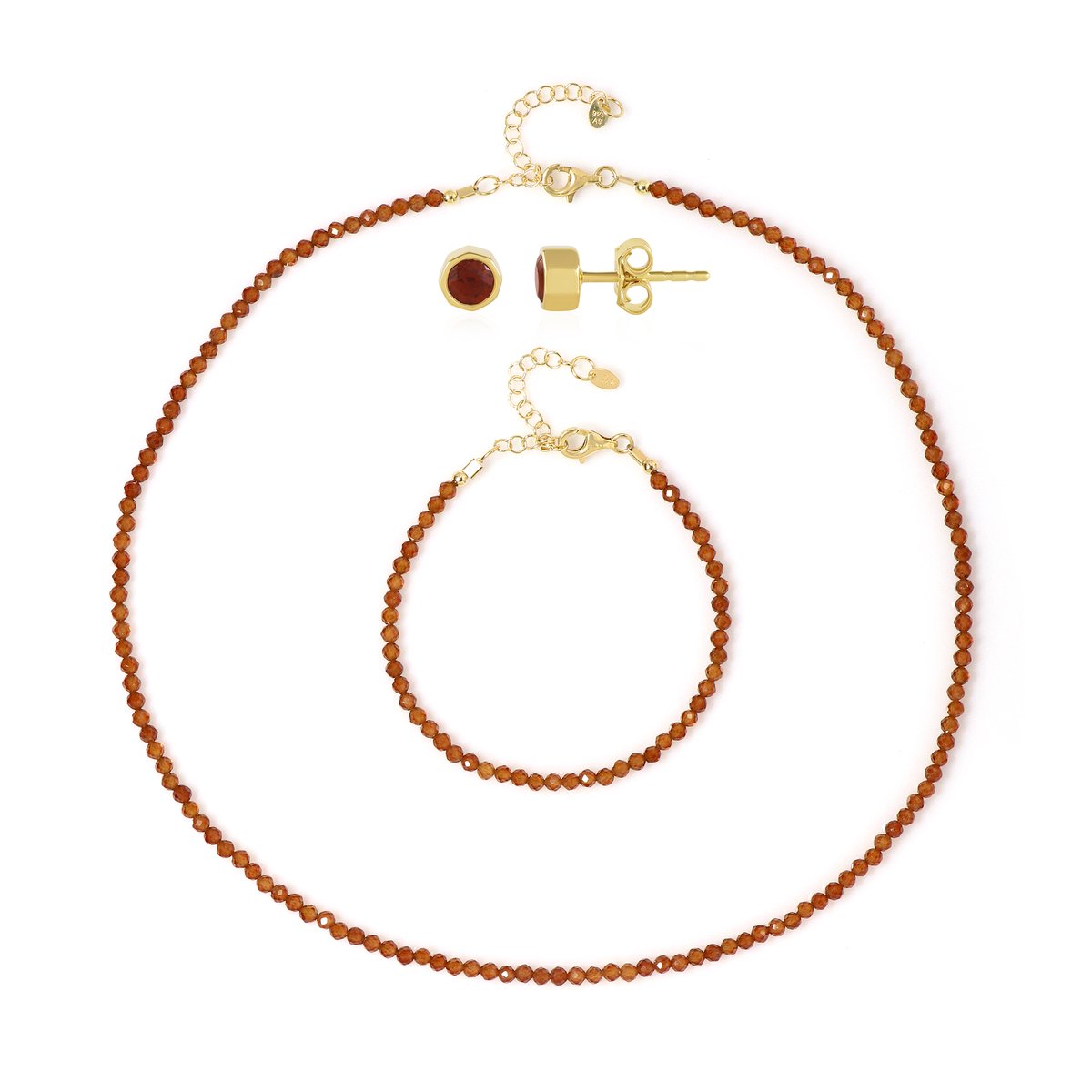 Cavill - Luxe 925 Sterling Zilver Sieradenset - Geel Verguld - 46,4 ct Ronde Hessoniet Granaat - Elegante Ketting, Oorbellen & Armband Set