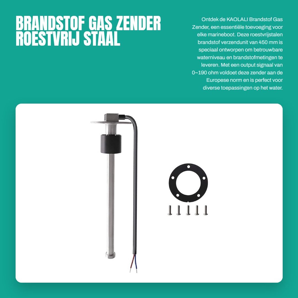 Dailygoods- Brandstofzender 450 mm - Roestvrij Staal - Meetsensor 0-190 ohm - Marine Boot - Waterniveau - Corrosiebestendig - Tankmeter
