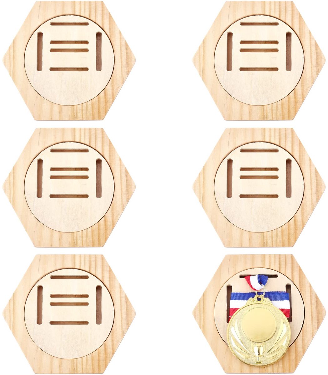 Dailygoods- Medaillestander 6-delig - Houten Medaillehouder - Zeshoekig Medaille Rek - Sportmedaille Houder - Hardloopmedaille Beugel - Decoratieve Presentatie.