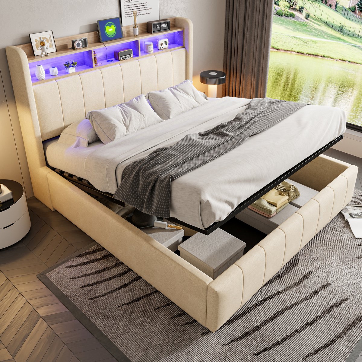 DESMIU Gestoffeerd Bed 160x200cm – Bed met Kleurveranderende Verlichting En Oplaadpoorten – Hydraulische Opbergruimte Onder Het Bed – Voor De Slaapkamer – Linnenstof – Beige