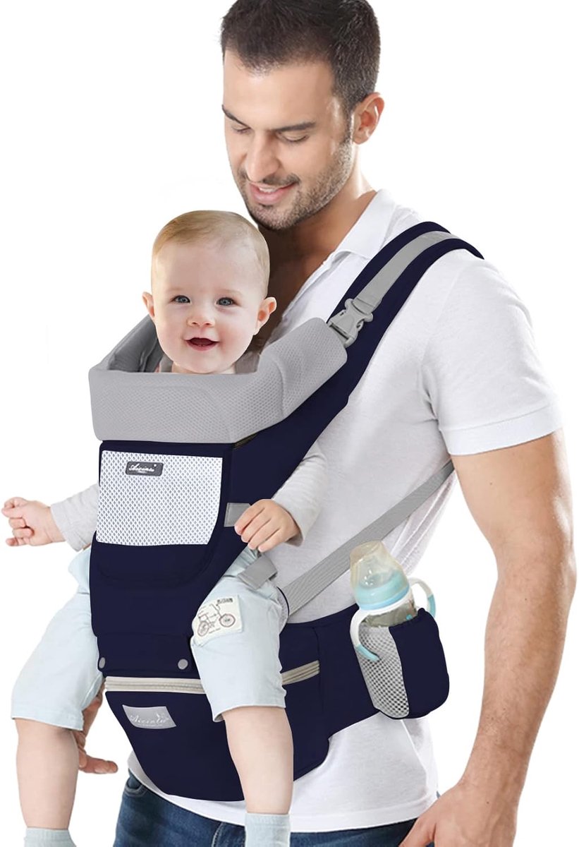 Draagzak met Heupzitje - Ergonomische Draagzakken voor Peuters - Rugzak Schouderdraagzak voor Baby's - Verstelbare voor- en achterkant - Draag voor Pasgeboren 3 Maanden tot 3 Jaar (3-20kg) - Donkerblauw