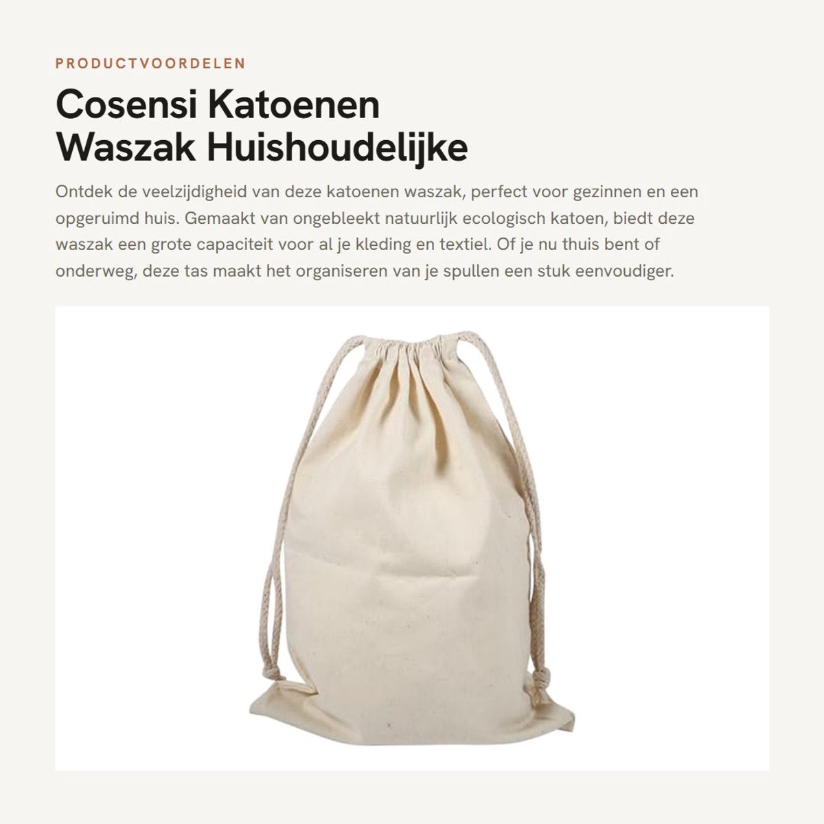 Dailygoods- Waszak Grote Capaciteit - Katoenen Waszak - Huishoudelijke Opslagzak - Reizen - Ecologisch Katoen - Sluiting met Koord - Opbergtas