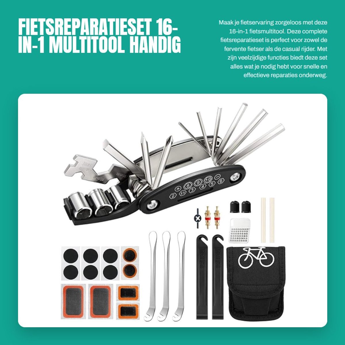 Dailygoods- Fietsreparatieset 16-in-1 - Fietsgereedschap - Multitool - Gereedschap voor fiets - Opbergtas - Duurzaam materiaal