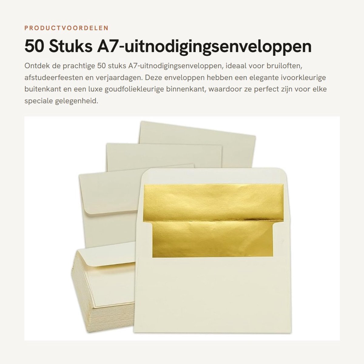 Dailygoods- Uitnodigingsenveloppen 50 stuks - Ivoren buitenkant - Goudfolie binnenkant - 120 g/m² - 5,2 x 7,25 inch - Perfect voor bruiloften/afstuderen/verjaardagen - Enveloppen