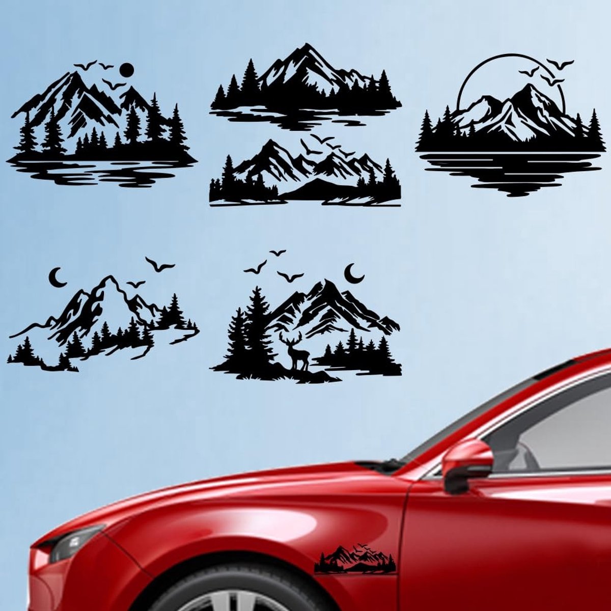 Dailygoods- Autostickers 5 stuks - Berglandschap - Bossen/Bomen - Vinyl - Voertuigdecoratie - 15,5 x 14,8 cm - Autodecoratie