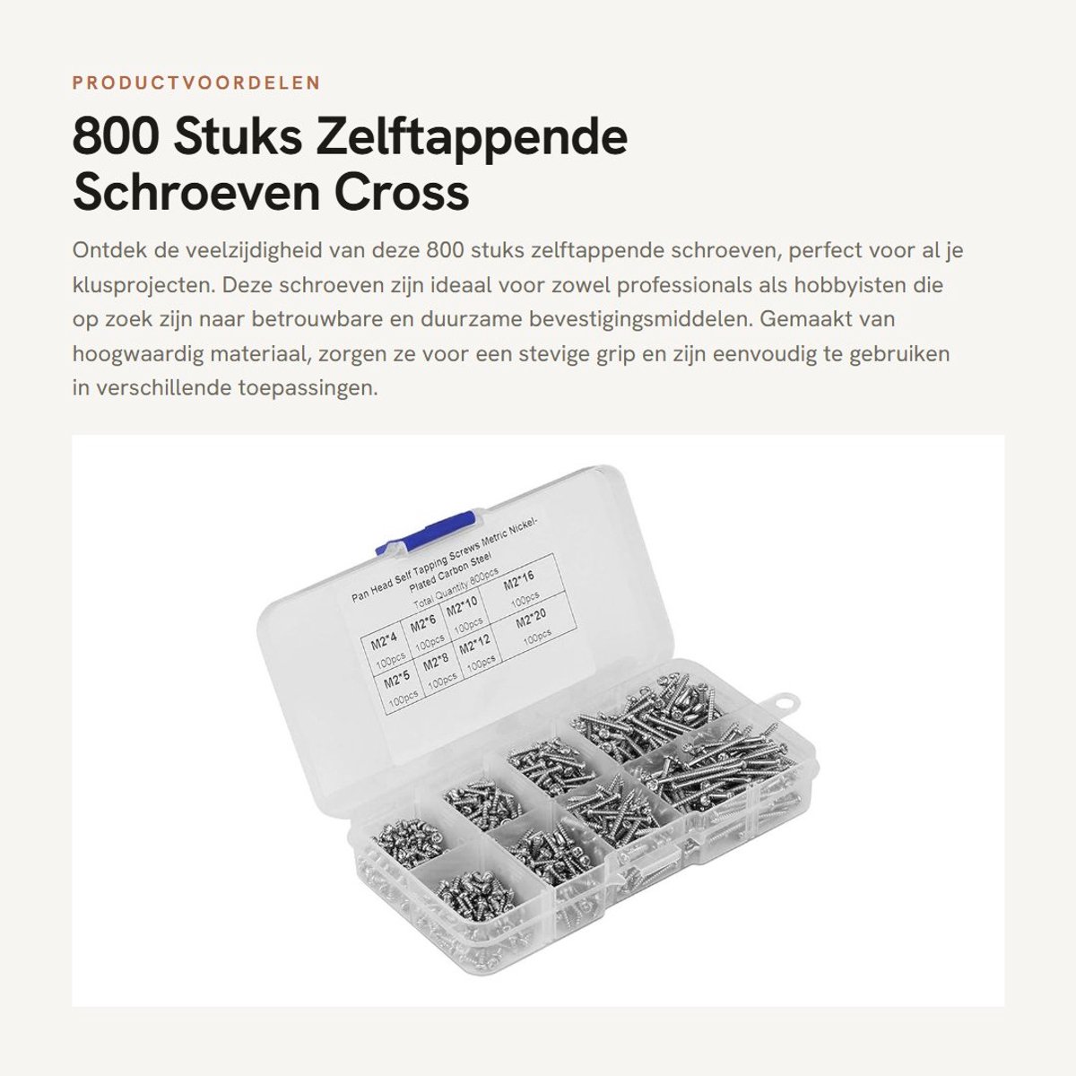 Dailygoods- Zelftappende Schroeven 800 Stuks - Cross Pan Head - Assortiment Box - Plastic Case - Boren Staartschroeven - Kwaliteitsborging