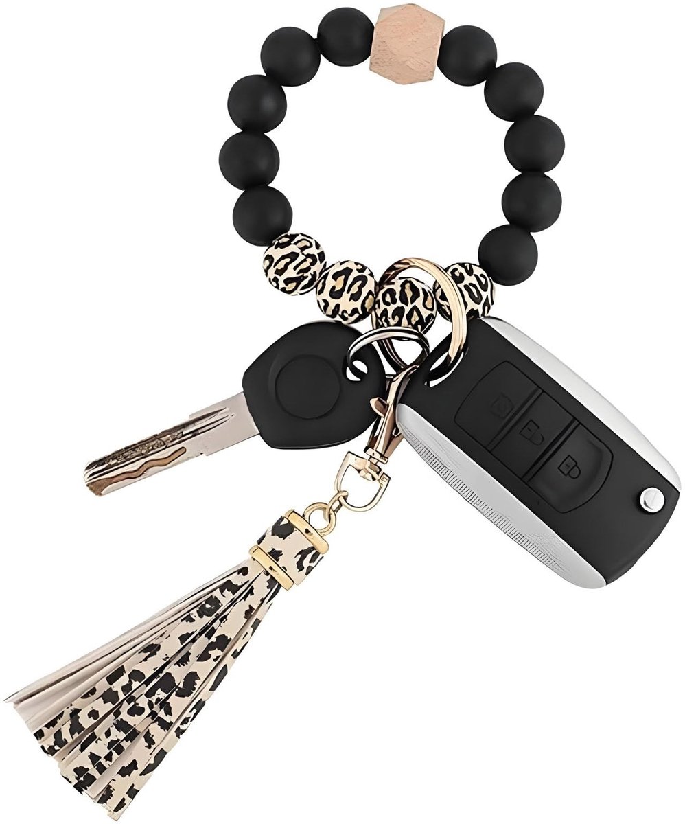 Dailygoods- Sleutelhanger Dames - Tashanger met Lederen/Siliconen Kralen - Autosleutelhanger - Handsfree Oplossing - Duurzaam en Comfortabel - Stijlvol Luipaardpatroon - Sleutelhouder